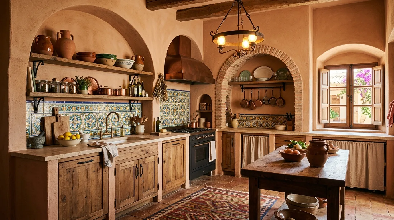 Use dark wood beams as architectural anchors inspiration for a Spanish-style home.